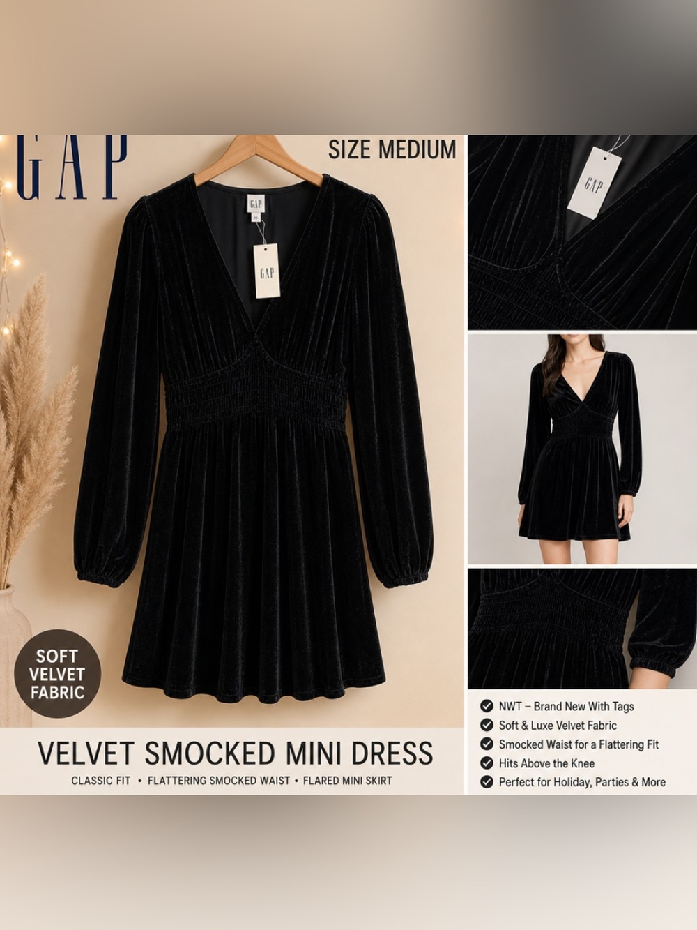 GAP Black Velvet Smocked Mini Dress - Women's Medium NWT